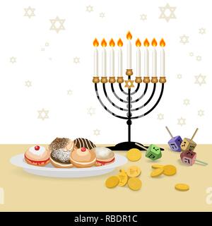 Jewish holiday Hanukkah  design with sufganiyot ,dreidel, menorah,  bunting, coins isolated on white background. Vector illustration. Stock Vector