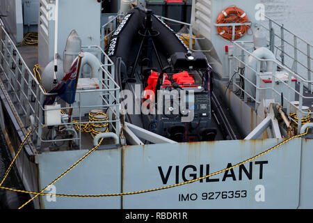 HMC Vigilant a Border Force Cutter moored on the Quay in Hugh Town ...