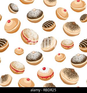 Seamless pattern with traditional symbols of Hanukkah.  Jewish holiday Hanukkah  design with sufganiyot donut set. Vector illustration Stock Vector