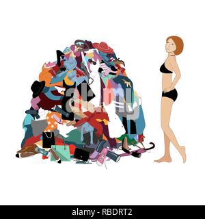 Nothing to wear concept, young attractive stressed woman looking at a pile of messy clothes gotten out of closet. Vector illustration. Stock Vector