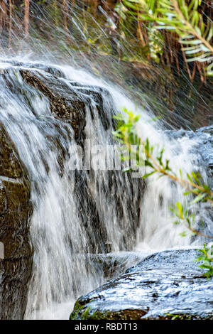 Small waterfall with water running on rocks between tropical forest in Carrancas, Minas Gerais, Brazil Stock Photo
