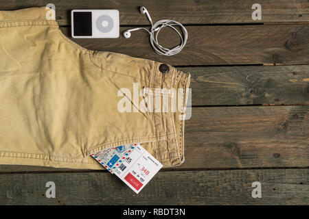 Mock up of summer traveling stuff on wooden board. Stock Photo