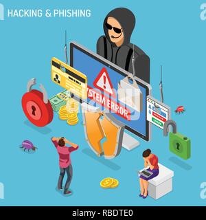 Hacker Phishing Activity Isometric Concept Stock Vector