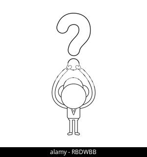 Vector illustration concept of businessman character holding up question mark. Black outline. Stock Vector