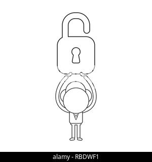 Vector illustration concept of businessman character holding up opened padlock. Black outline. Stock Vector
