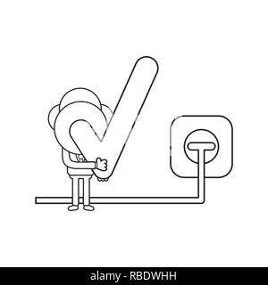 Vector illustration concept of businessman character holding check mark with plug plugged into outlet. Black outline. Stock Vector