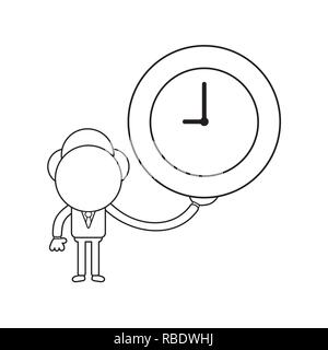 Vector illustration concept of businessman character holding clock. Black outline. Stock Vector