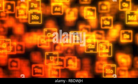 cloud of periodic elements table concept with glowing neon lines. 3d illustration Stock Photo