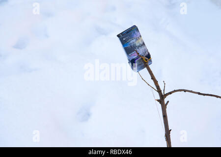 RUSSIA, URAL - DECEMBER 2018, an empty box with cigarettes lies in the bushes, a kind of environmental pollution. litter, rubbish, garbage Stock Photo