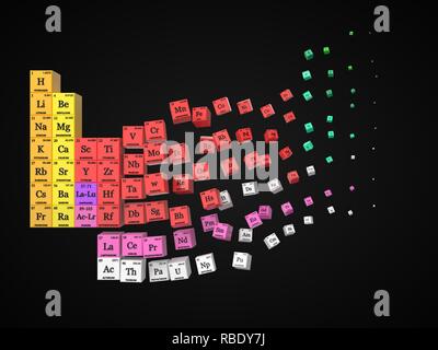 dissolving periodic table on black background. cubes colored by element groups. 3d illustration Stock Photo