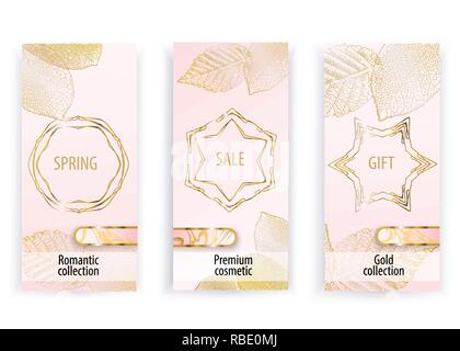 Pink cosmetic banners with gold leaves. Abstract vector background. Clean design for cosmetic, wedding, department stores, shops. Stock Vector