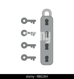 Vector illustration icon concept of padlock with four keyholes and keys. Colored and color outlines. Stock Vector