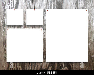 Four square and rectangular blank frames on brown wooden plank background Stock Photo