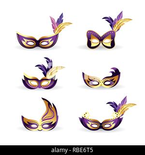 set masks with feathers decoration to merdi gras Stock Vector