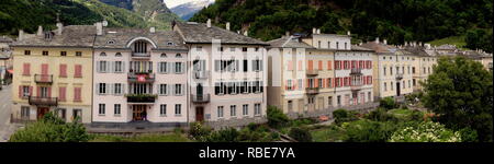 Panoramic view of Via Dei Palazzi in the village of Poschiavo Canton of Graubunden Switzerland Europe Stock Photo