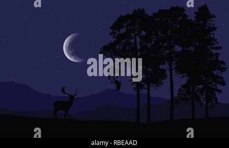Realistic illustration of a deer silhouette in a mountain landscape with a forest and coniferous trees, under a purple night sky with stars and a cres Stock Vector
