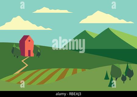 Vector illustration of fields landscape with a green hills, blue sky, farmhouse and forest in flat style. Stock Vector