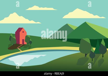 Vector illustration of fields landscape with a green hills, blue sky, farmhouse and forest in flat style. Stock Vector