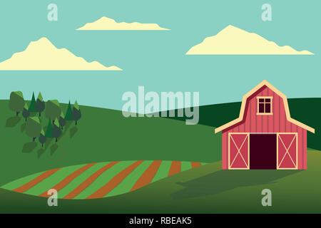 Vector illustration of fields landscape with a green hills, blue sky, farmhouse and forest in flat style. Stock Vector