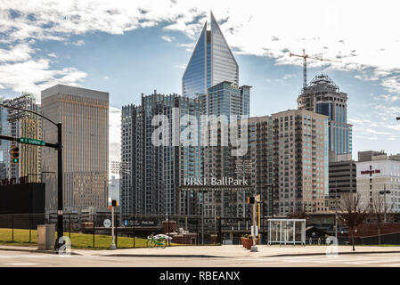 CHARLOTTE, NC (USA) - Safety netting protects baseball fans from foul balls  at this AAA minor league baseball game at BB&T BallPark Stock Photo - Alamy