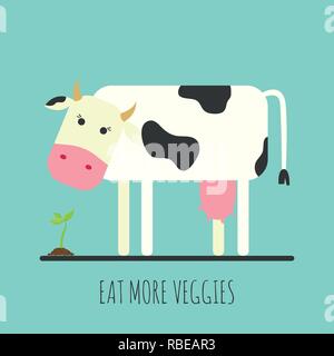 Flat cow with sprout. Flat cow icon. Eat more veggies. Vector illustration. Stock Vector