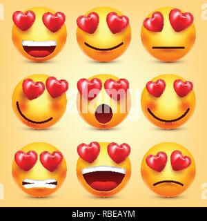 Emoji Smiley With Red Heart Vector Set. Valentines Day Yellow Cartoon Emoticons Face. Love Feeling Expression. Stock Vector
