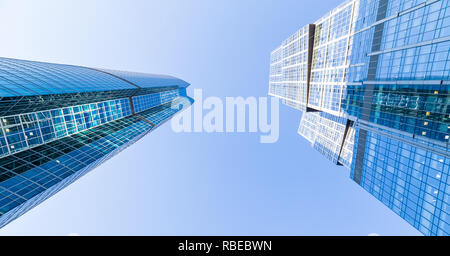 Down-up view at skyscrapers in Moscow-city (Moscow International Business Center), Russia. Modern architecture. Stock Photo
