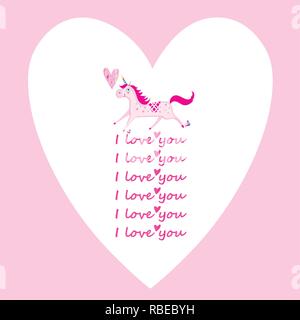 Bright valentine greeting card with heart and unicorn on pink background Stock Vector