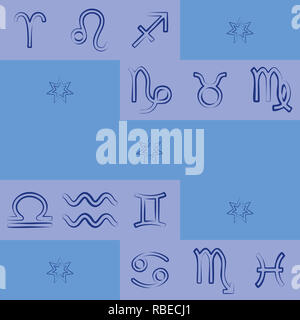 Zodiac signs irregular pattern in shades of blue Stock Photo