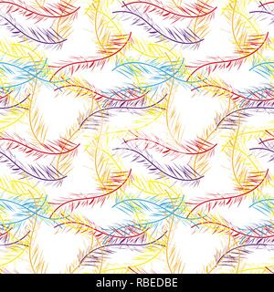 Pastel-colored seamless feather pattern. Seamless background with feathers of bird. Repeating texture. Stock Vector