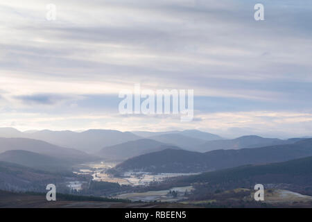 A View Over Royal Deeside (with Balmoral Castle in the Lower Left Corner of the Image) on a Frosty Winter Afternoon Stock Photo