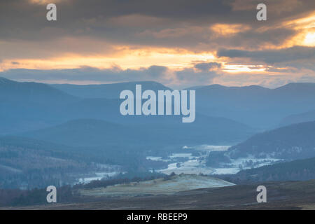 A View Over Royal Deeside (with Balmoral Castle in the Lower Left Corner of the Image) on a Winter Afternoon Shortly Before Sunset. Stock Photo