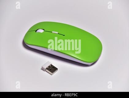 2.4 GHz wireless cordless mouse USB optical scroll for PC laptop computer. 10 meters operating distance, built in mouse memory,micro receiver. Stock Photo