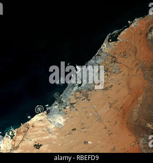 High resolution satellite image of Dubai / United Arab Emirates - contains modified Copernicus Sentinel data [2018] Stock Photo
