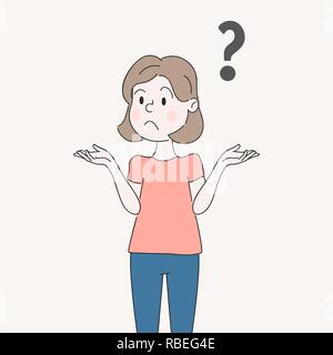 A Woman is Shrugging, Thinking Confused with a Curious Expression - I don t know. A woman or Girl with a Sad Face, Emotion and Question mark. Hand Drawn, Flat Style Illustration with Cartoon Character Stock Vector