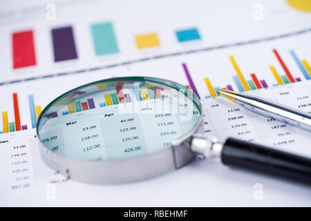 Magnifying glass on charts graphs spreadsheet paper. Stock Photo
