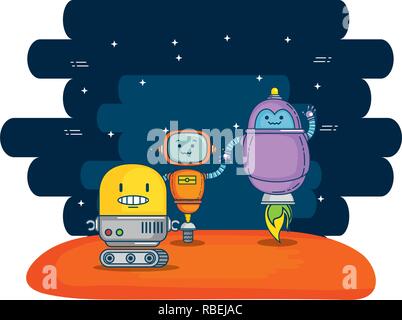 group of cute robots with universe background Stock Vector