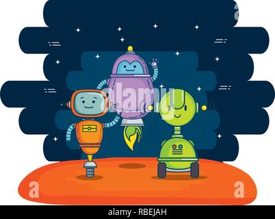 group of cute robots with universe background Stock Vector