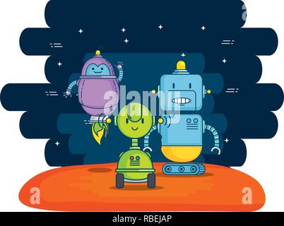 group of cute robots with universe background Stock Vector