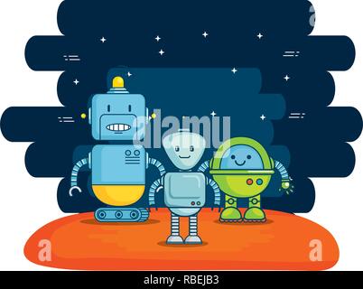 group of cute robots with universe background Stock Vector