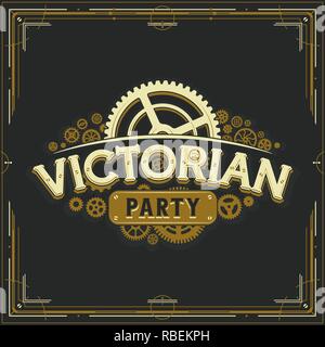 Steampunk party golden logo design victorian era cogwheels insignia vector poster on grey background great for invitation Stock Vector