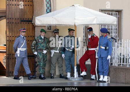 Rabat, Morocco - 30 November 2018: Military guards stand in front of the entrance of Dar al-Makhzen - Royal Palace of Rabat. Stock Photo