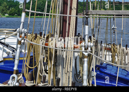 Rigging on the sailor in the port of Rostock, Germany Stock Photo