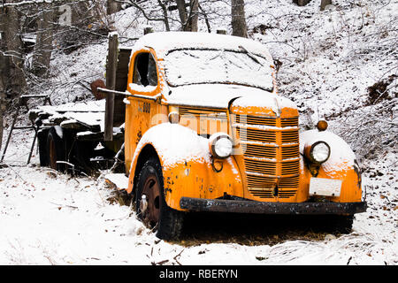 Antique International Harvester Flatbed Truck off Old Hwy. 99 in Ashland, Oregon Stock Photo