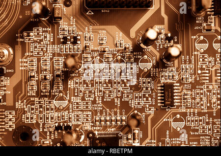 detail of a computer motherboard or printed circuit board containing the principal components of a computer Stock Photo