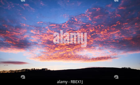 Stunning sunset over Yorkshire on January 9th 2019 after cold, clear weather across the country. Stock Photo