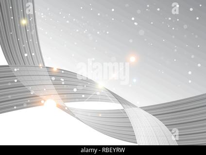 Abstract wave monochrome background with flashes of light, striped design elements, silver template Stock Vector