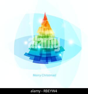 Bright Christmas tree on light blue background, greeting card Stock Vector