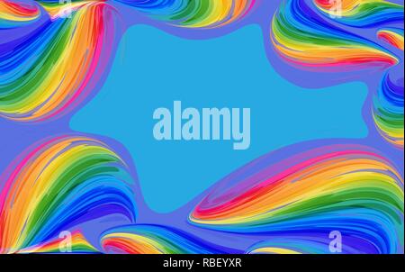 Rainbow frame on blue and purple background, colorful curved lines, art template Stock Vector