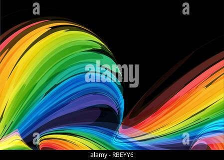 Rainbow curve elements on black background, bright striped abstraction Stock Vector